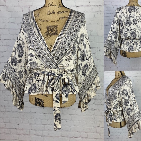 Angie Floral Print Crossfront Belted Ruffle Bell Sleeve Top - Picture 1 of 1